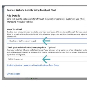 Business manager facebook pixel navn og link