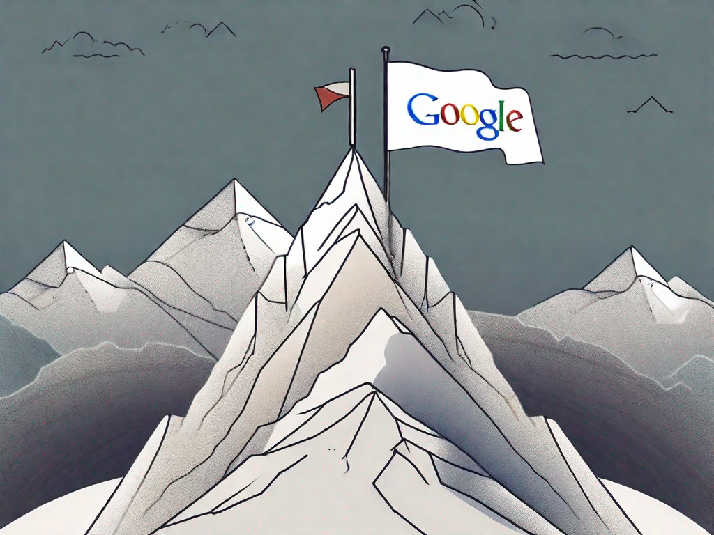 En fjelltopp med et flagg merket 'google' på toppen