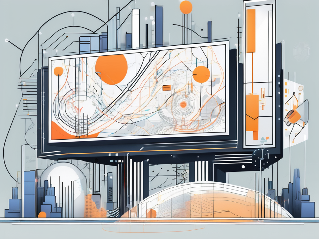 A futuristic digital billboard displaying various dynamic ads