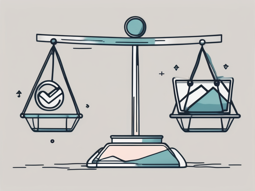 A scale balancing a symbol of social media (like a thumbs up or a heart) on one side and a symbol of a brand (like a shopping bag or a tag) on the other side