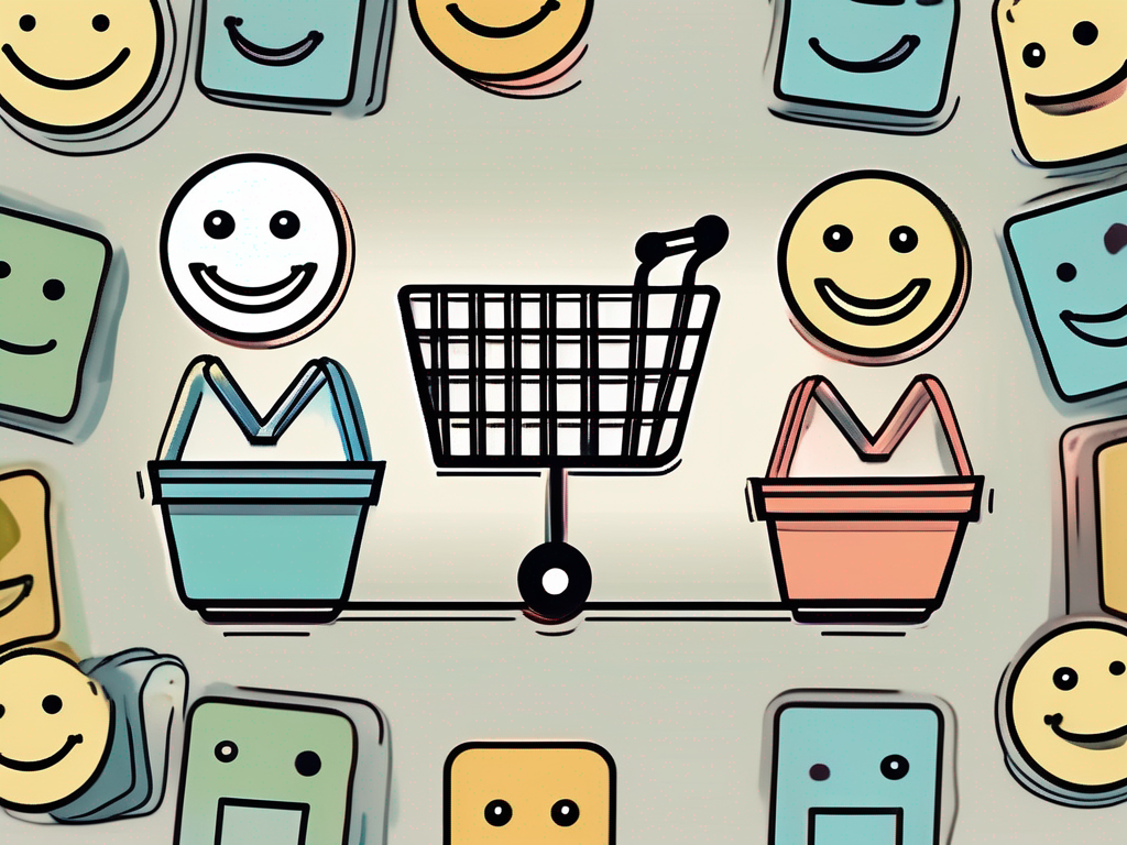 A scale balancing customer service icons like a smiley face and a shopping cart on one side