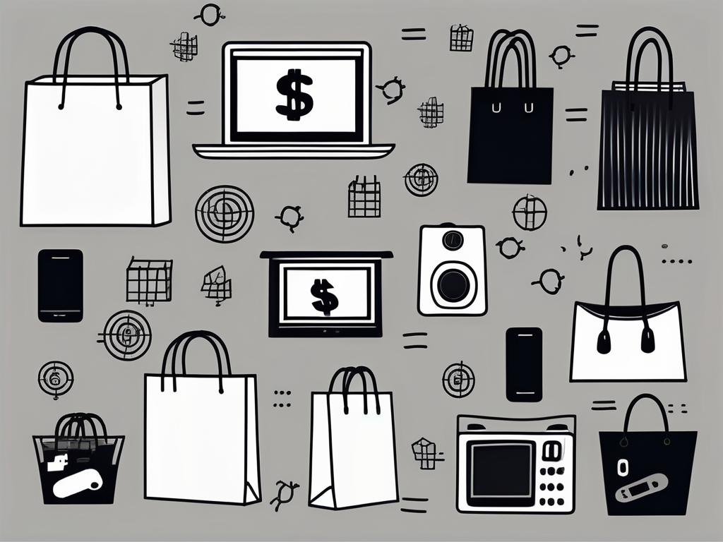A shopping bag filled with various items like electronics and clothing