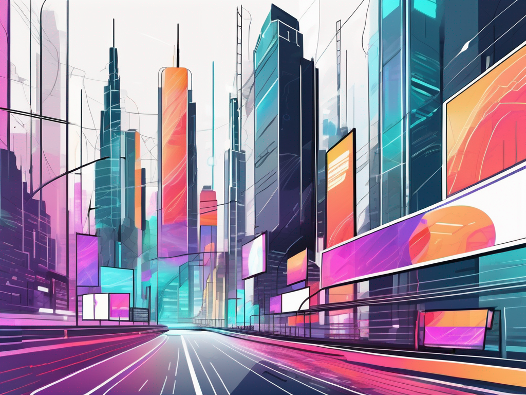 A futuristic cityscape with various digital billboards displaying colorful